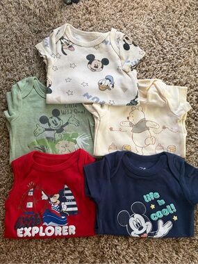 Disney Baby White Ribbed Onesie with Blue Character Prints